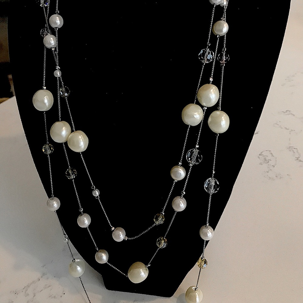 J CREW necklace, pearls, pink & citrine crystals. 50” long